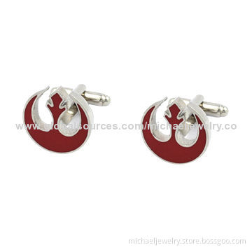 Brass Cufflinks with Red Enamel and Plated White Steel, Nickel-free